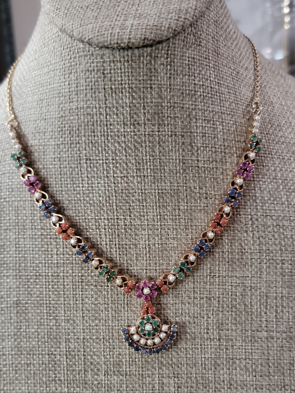 Artisan Multicolor Raw Emeralds Ruby Sapphire and Pearl Floral Pendant Necklace